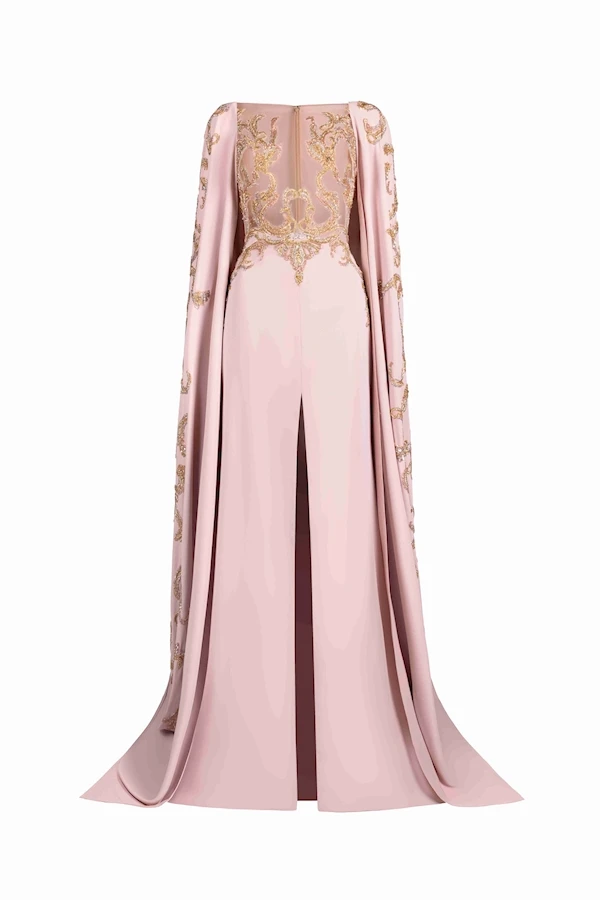 Tony Ward Blush Gold Structured Cape Gown - Dresses - Lebanese Luxury Evening Wear at Coveti