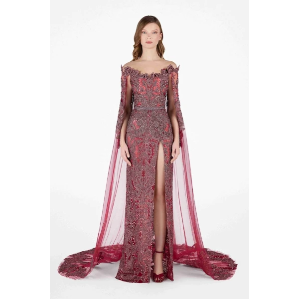 Tony Ward Burgundy Crystal Cape Gown - Dresses - Lebanese Luxury Evening Wear at Coveti
