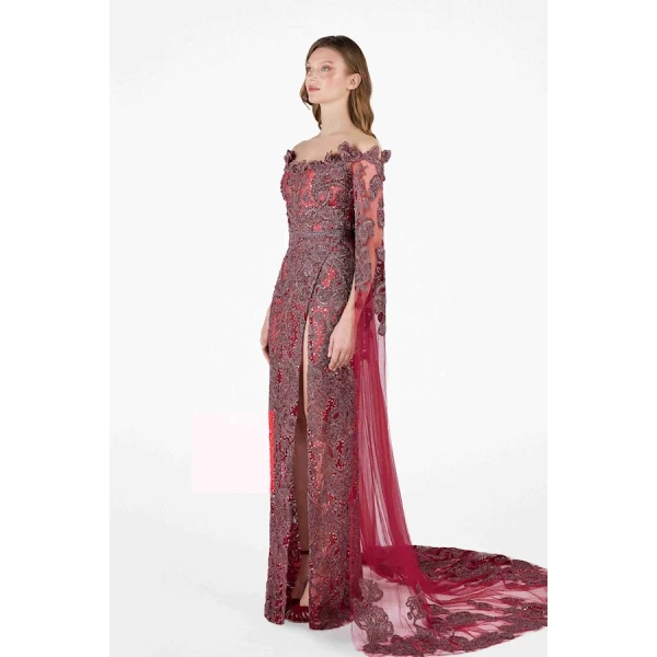 Tony Ward Burgundy Crystal Cape Gown - Dresses - Lebanese Luxury Evening Wear at Coveti