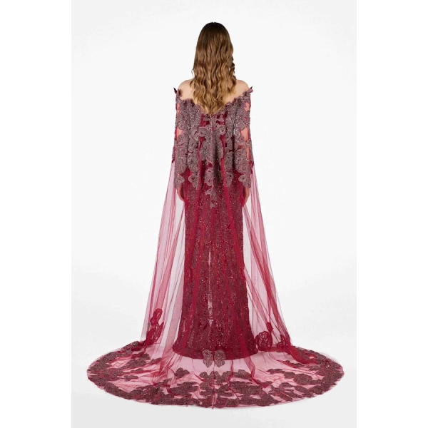 Tony Ward Burgundy Crystal Cape Gown - Dresses - Lebanese Luxury Evening Wear at Coveti