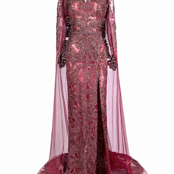 Tony Ward Burgundy Crystal Cape Gown - Dresses - Lebanese Luxury Evening Wear at Coveti