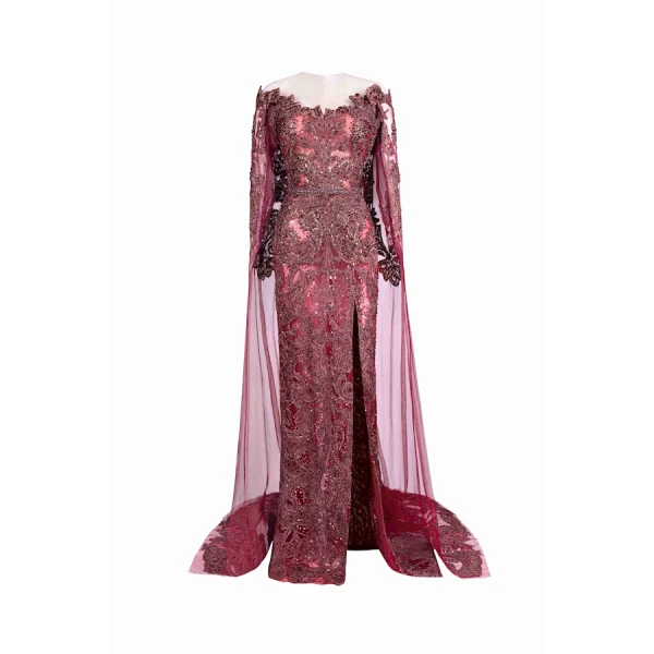 Tony Ward Burgundy Crystal Cape Gown - Dresses - Lebanese Luxury Evening Wear at Coveti