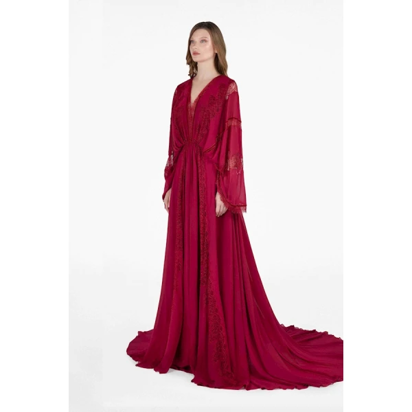 Tony Ward Burgundy Grace Kaftan - kimono - Lebanese Luxury Evening Wear at Coveti