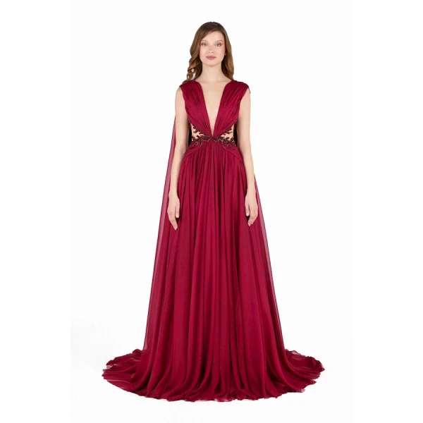 Tony Ward Burgundy Ruffled Cape Gown - Dresses - Lebanese Luxury Evening Wear at Coveti