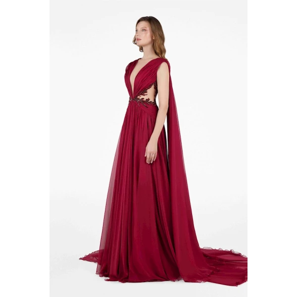 Tony Ward Burgundy Ruffled Cape Gown - Dresses - Lebanese Luxury Evening Wear at Coveti