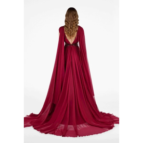 Tony Ward Burgundy Ruffled Cape Gown - Dresses - Lebanese Luxury Evening Wear at Coveti