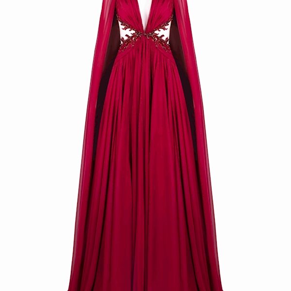 Tony Ward Burgundy Ruffled Cape Gown - Dresses - Lebanese Luxury Evening Wear at Coveti