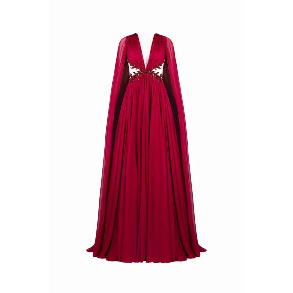 Burgundy Ruffled Cape Gown