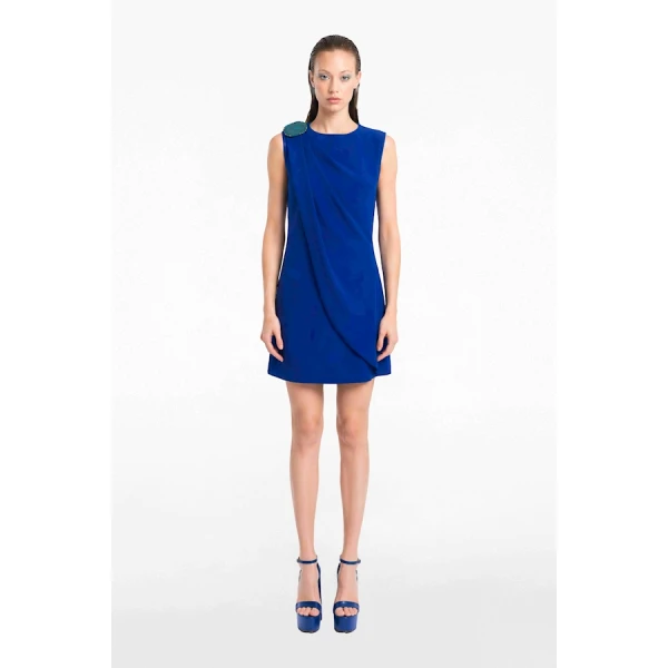 Tony Ward Deep Blue Crepe Mini Dress with Brooch - Dresses - Lebanese Luxury Evening Wear at Coveti