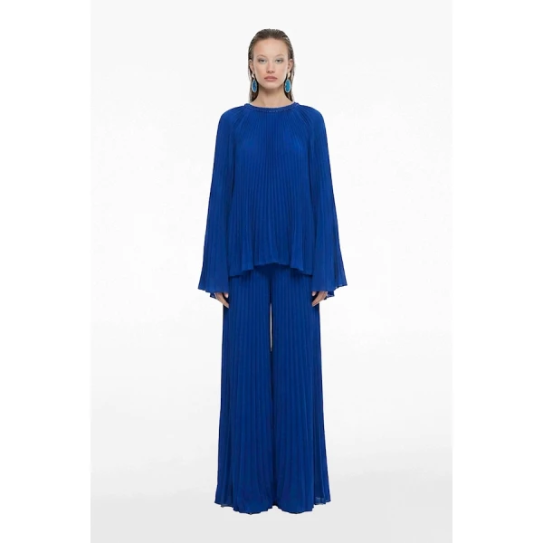 Tony Ward Deep Blue Pleated Top and Wide Leg Pants - Pants - Lebanese Luxury Evening Wear at Coveti