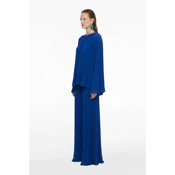 Tony Ward Deep Blue Pleated Top and Wide Leg Pants - Pants - Lebanese Luxury Evening Wear at Coveti