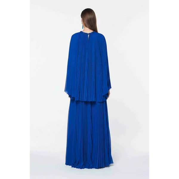 Tony Ward Deep Blue Pleated Top and Wide Leg Pants - Pants - Lebanese Luxury Evening Wear at Coveti