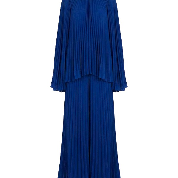Tony Ward Deep Blue Pleated Top and Wide Leg Pants - Pants - Lebanese Luxury Evening Wear at Coveti