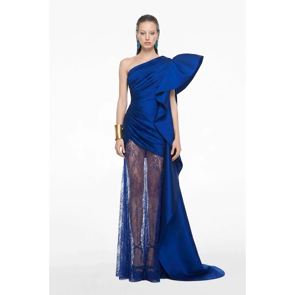 Tony Ward Deep Blue Taffeta Dress with Oversized Sleeves - Dresses - Lebanese Luxury Evening Wear at Coveti