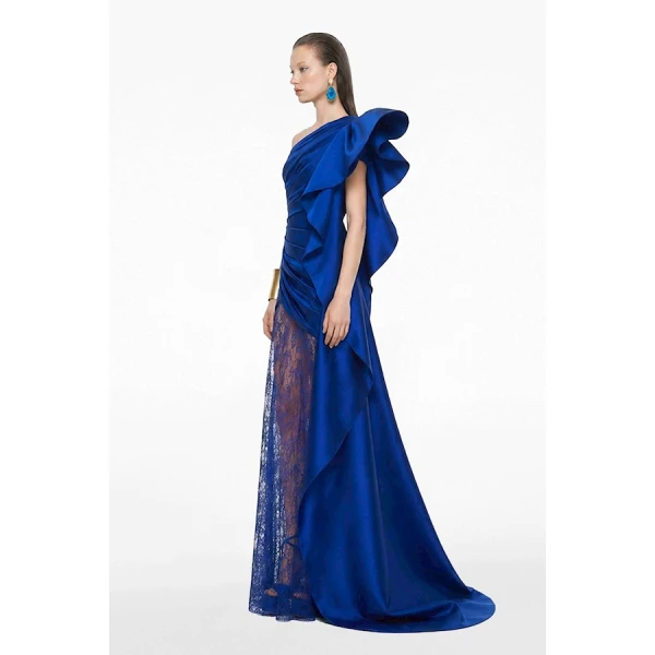 Tony Ward Deep Blue Taffeta Dress with Oversized Sleeves - Dresses - Lebanese Luxury Evening Wear at Coveti