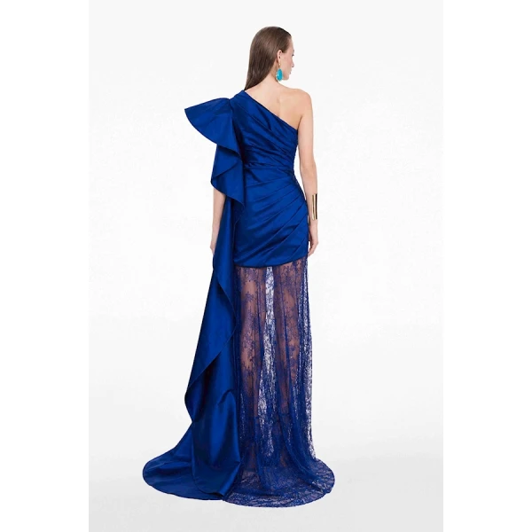 Tony Ward Deep Blue Taffeta Dress with Oversized Sleeves - Dresses - Lebanese Luxury Evening Wear at Coveti