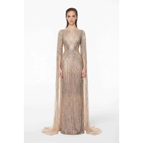Tony Ward Gold Beaded Column Gown - Dresses - Lebanese Luxury Evening Wear at Coveti