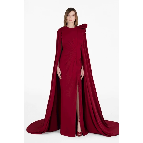 Tony Ward Red Draped Cape Slit Gown - Dresses - Lebanese Luxury Evening Wear at Coveti