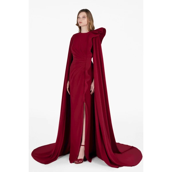 Tony Ward Red Draped Cape Slit Gown - Dresses - Lebanese Luxury Evening Wear at Coveti