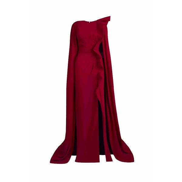 Red Draped Cape Slit Gown