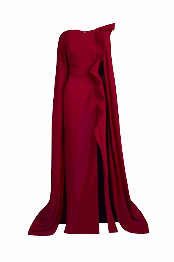 Tony Ward Red Draped Cape Slit Gown Tony Ward Red Draped Cape Slit Gown - Dresses - Lebanese Luxury Evening Wear at Coveti