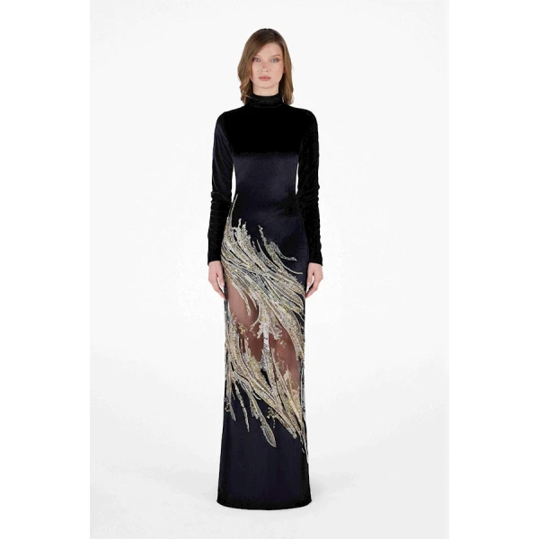 Tony Ward Velvet Gold Swirl Midi Dress - Dresses - Lebanese Luxury Evening Wear at Coveti