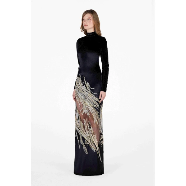 Tony Ward Velvet Gold Swirl Midi Dress - Dresses - Lebanese Luxury Evening Wear at Coveti