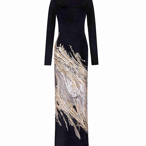 Tony Ward Velvet Gold Swirl Midi Dress - Dresses - Lebanese Luxury Evening Wear at Coveti