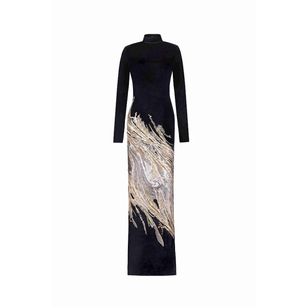 Tony Ward Velvet Gold Swirl Midi Dress - Dresses - Lebanese Luxury Evening Wear at Coveti