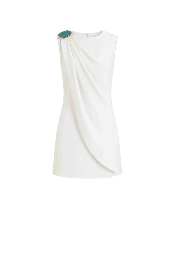 Tony Ward White Crepe Mini Dress with Brooch