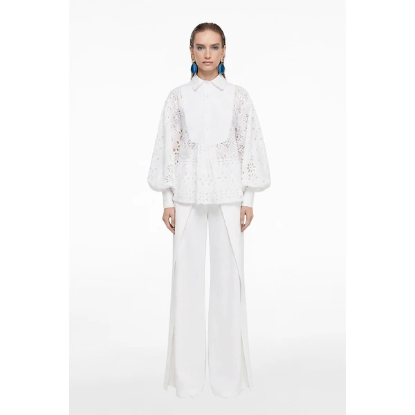 Tony Ward White Crochet Blouse and Wide Leg Pants - Pants - Lebanese Luxury Evening Wear at Coveti