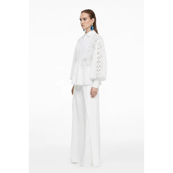 Tony Ward White Crochet Blouse and Wide Leg Pants - Pants - Lebanese Luxury Evening Wear at Coveti