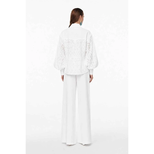 Tony Ward White Crochet Blouse and Wide Leg Pants - Pants - Lebanese Luxury Evening Wear at Coveti