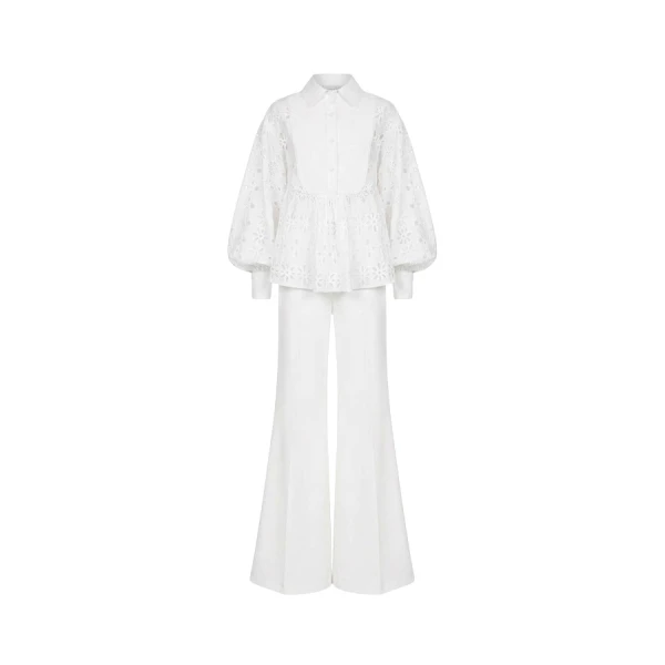 Tony Ward White Crochet Blouse and Wide Leg Pants - Pants - Lebanese Luxury Evening Wear at Coveti