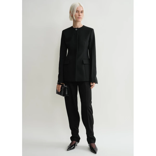 Totême Collarless cinched jacket in Black - Jackets - Scandinavian Minimalist Luxury at Coveti