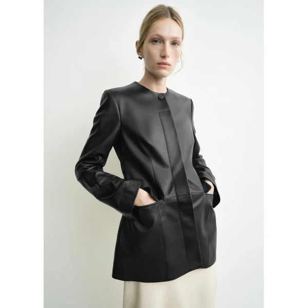 Totême Collarless leather jacket in Black - Jackets - Scandinavian Minimalist Luxury at Coveti