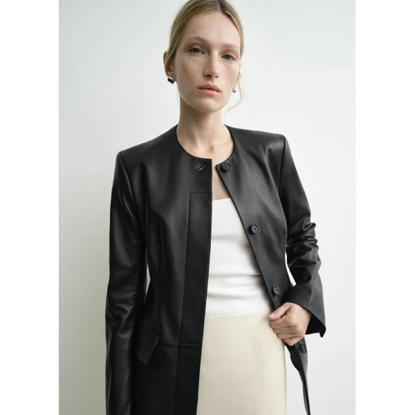 Totême Collarless leather jacket in Black - Jackets - Scandinavian Minimalist Luxury at Coveti