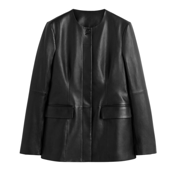 Totême Collarless leather jacket in Black - Jackets - Scandinavian Minimalist Luxury at Coveti