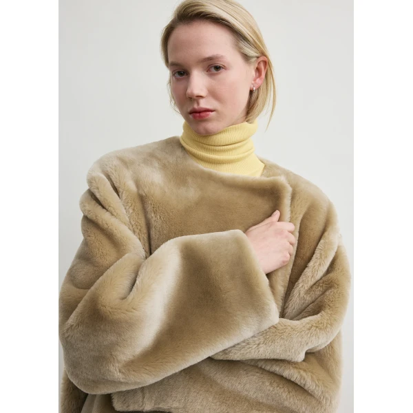 Totême Collarless shearling coat in Rye - Coats - Scandinavian Minimalist Luxury at Coveti