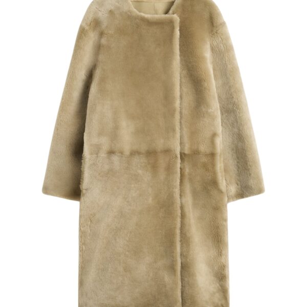 Totême Collarless shearling coat in Rye - Coats - Scandinavian Minimalist Luxury at Coveti