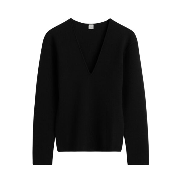 Totême Compact knit v-neck in Black - Knitwear - Scandinavian Minimalist Luxury at Coveti
