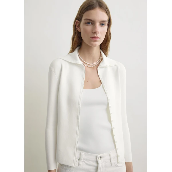 Totême Fitted polo cardigan in Off-white - Knitwear - Scandinavian Minimalist Luxury at Coveti