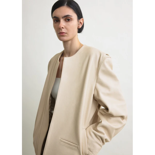 Totême Minimal biker jacket in Stone - Jackets - Scandinavian Minimalist Luxury at Coveti