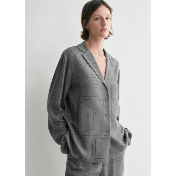 Totême Monogram flannel pj top in Smoke melange - Tops - Scandinavian Minimalist Luxury at Coveti