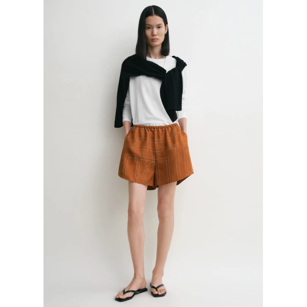 Totême Monogram silk pj shorts in Terracotta - Shorts - Scandinavian Minimalist Luxury at Coveti