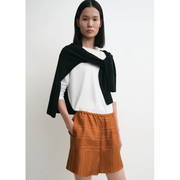 Totême Monogram silk pj shorts in Terracotta - Shorts - Scandinavian Minimalist Luxury at Coveti