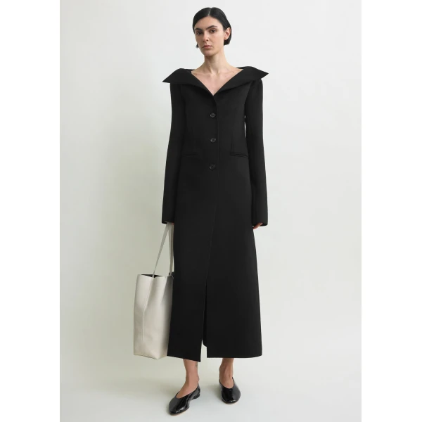 Totême Open collar wool coat in Black - Coats - Scandinavian Minimalist Luxury at Coveti