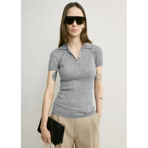 Totême Ribbed cashmere silk polo in Grey melange - Knitwear - Scandinavian Minimalist Luxury at Coveti