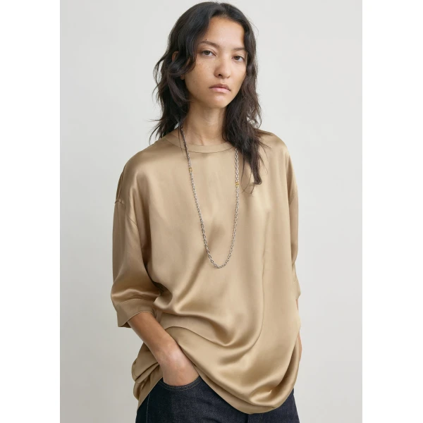 Totême Satin tee in Latte - Tops - Scandinavian Minimalist Luxury at Coveti