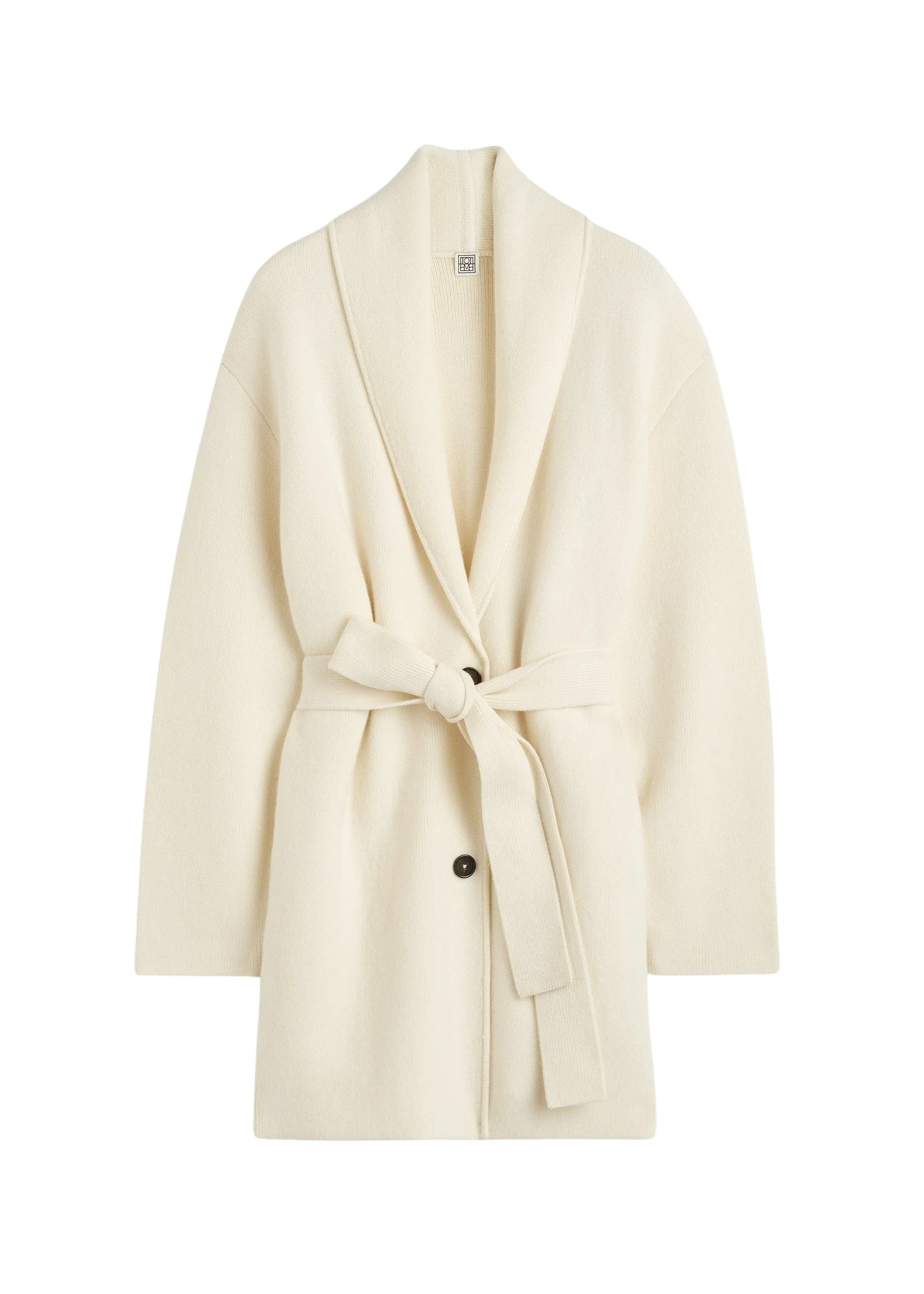 Toteme-Shawl-lapel-cashmere-wool-robe-in-Ecru38198_nobg Totême Shawl-lapel cashmere-wool robe in Ecru - Knitwear - Scandinavian Minimalist Luxury at Coveti